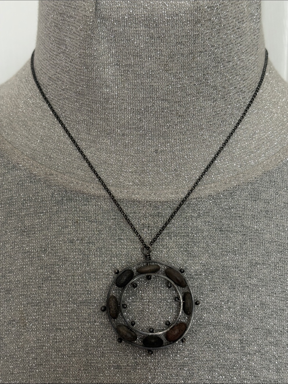 925 Sterling Smoky Granite Spinner Circular Pendant Necklace - Women Jewelry